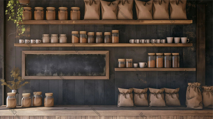 Coffeeshop display stocked with glass jars, brown bags and white mugs, ai generated. Warm rustic cafe kitchen counter template advertising image. Coffee shop interior mock up photorealistic