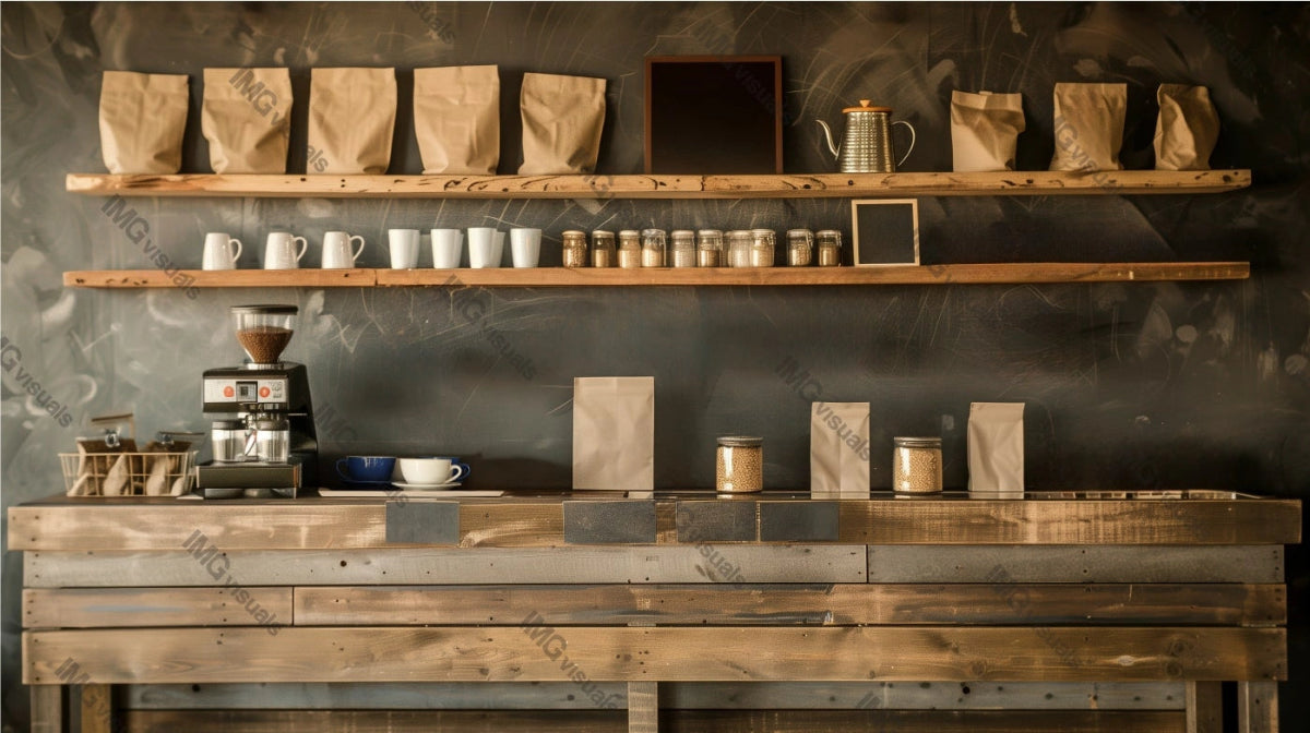Coffeeshop kitchen setup with shelves mockup, ai generated. Coffeemaker counter. Brown paper bags, white mugs and glass jars template advertising image. Coffee shop interior mock up photorealistic