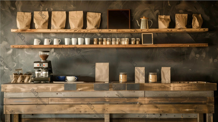 Coffeeshop kitchen setup with shelves mockup, ai generated. Coffeemaker counter. Brown paper bags, white mugs and glass jars template advertising image. Coffee shop interior mock up photorealistic