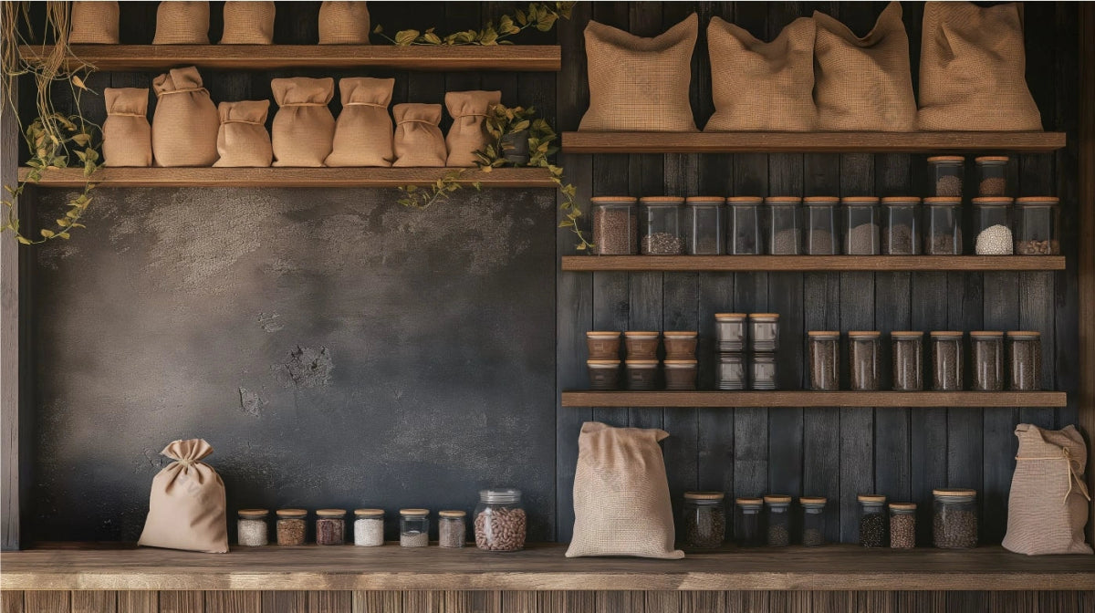 Coffeeshop shelf organization mockup, ai generated. Glass jars filled with grains and spices. Foliage wooden. Brown bags template advertising image. Coffee shop interior mock up photorealistic