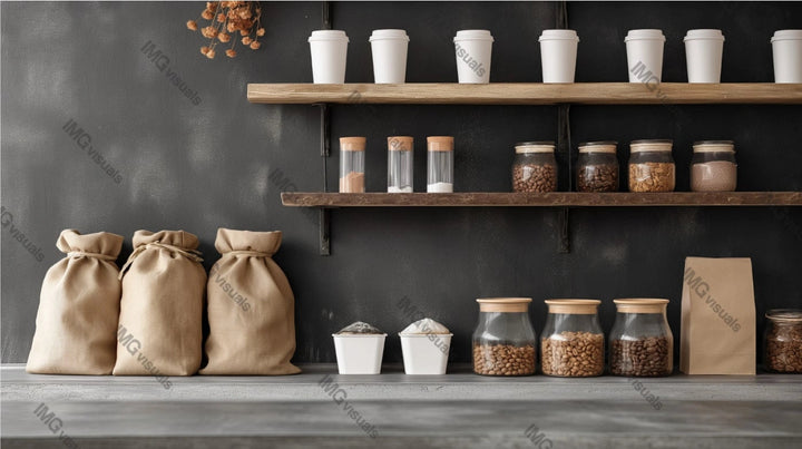 Coffeeshop shelves with white cups mockup, glass jars, brown bags, ai generated. Spices grains. Rustic style. Cafe counter template advertising image. Coffee shop interior mock up photorealistic