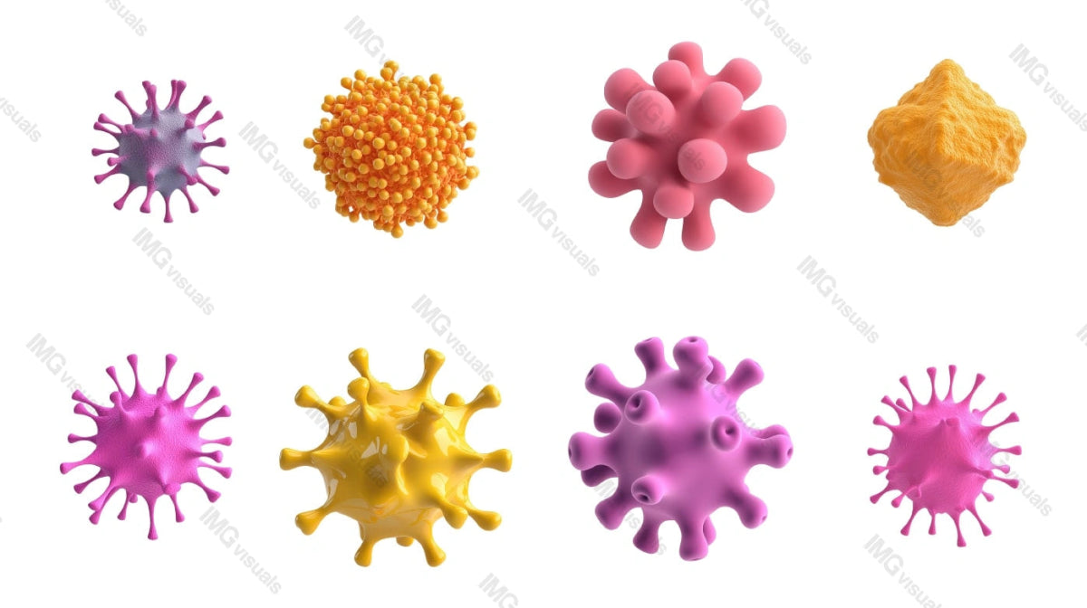 Colorful abstract virus bacteria models transparent image set, ai generated. Medical education isolated cutouts 3d render. Microbiology, virology cut outs cliparts design elements png collection