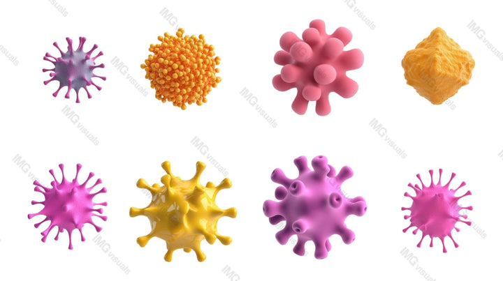 Colorful abstract virus bacteria models transparent image set, ai generated. Medical education isolated cutouts 3d render. Microbiology, virology cut outs cliparts design elements png collection