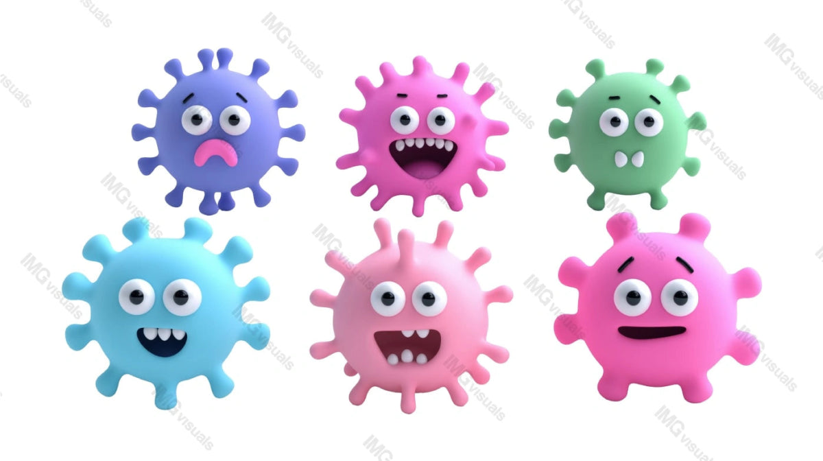 Colorful cartoon virus characters with expressions transparent image set, ai generated. Microscopic organisms isolated cutouts 3d render. Funny germs cut outs cliparts design elements png collection