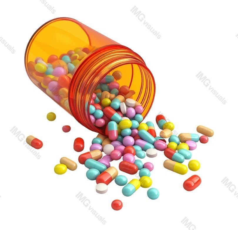 Colorful pills spilling from prescription bottle transparent image, ai generated. Medication. Pharmaceuticals isolated cutout 3d render. Medical treatment container cut out clipart design element png