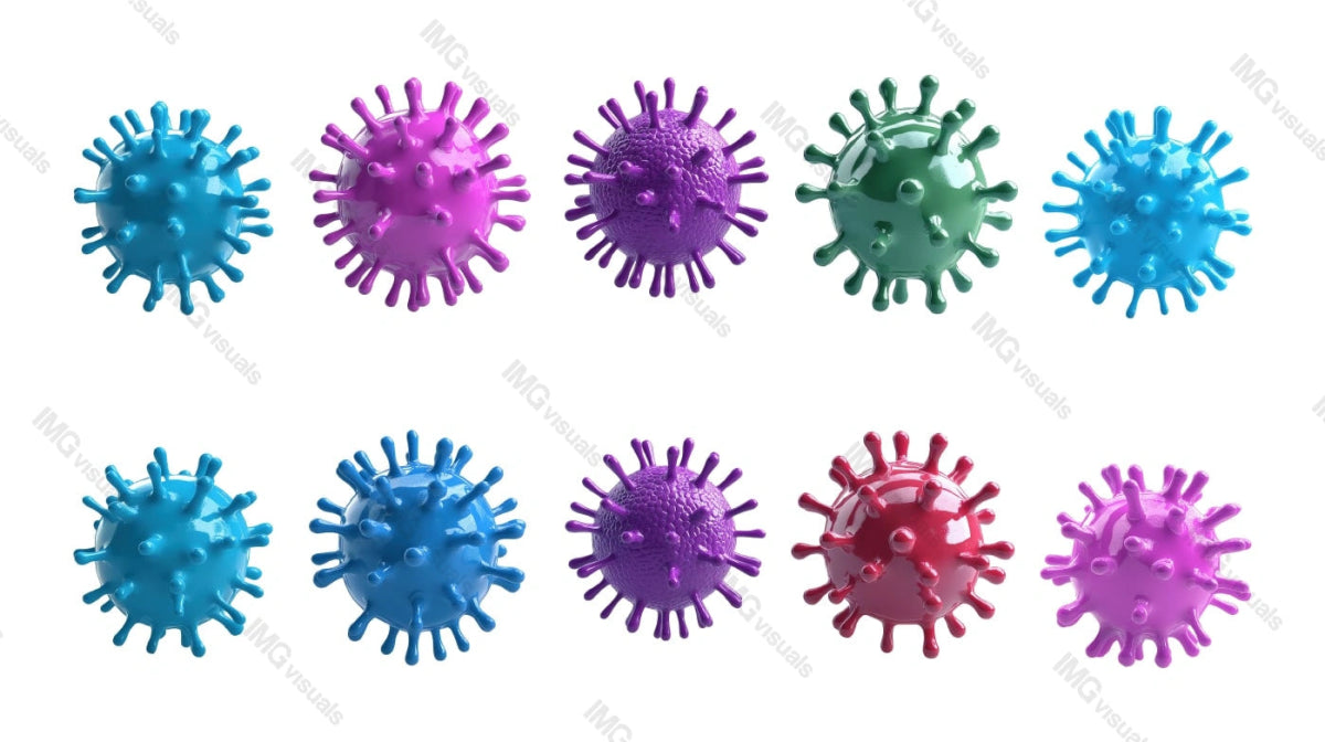 Colorful virus models with glossy surface transparent image set, ai generated. Viral infection isolated cutouts 3d render. Microbiology, virology cut outs cliparts design elements png collection