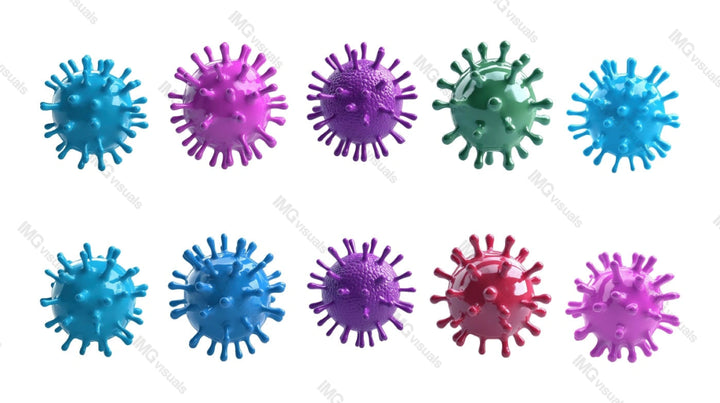 Colorful virus models with glossy surface transparent image set, ai generated. Viral infection isolated cutouts 3d render. Microbiology, virology cut outs cliparts design elements png collection