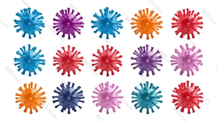 Colorful virus structures for medical research transparent image set, ai generated. Microscopic organisms isolated cutouts 3d render. Microbiology cut outs cliparts design elements png collection