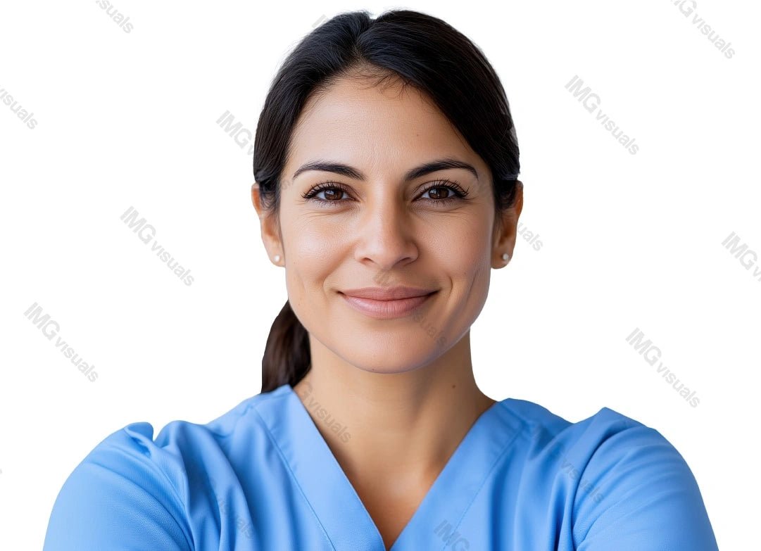 Confident female nurse in blue scrubs image isolated transparent, ai generated. Medical professional woman caregiver cut out photo png. Clinical worker. Healthcare provider cutout photography