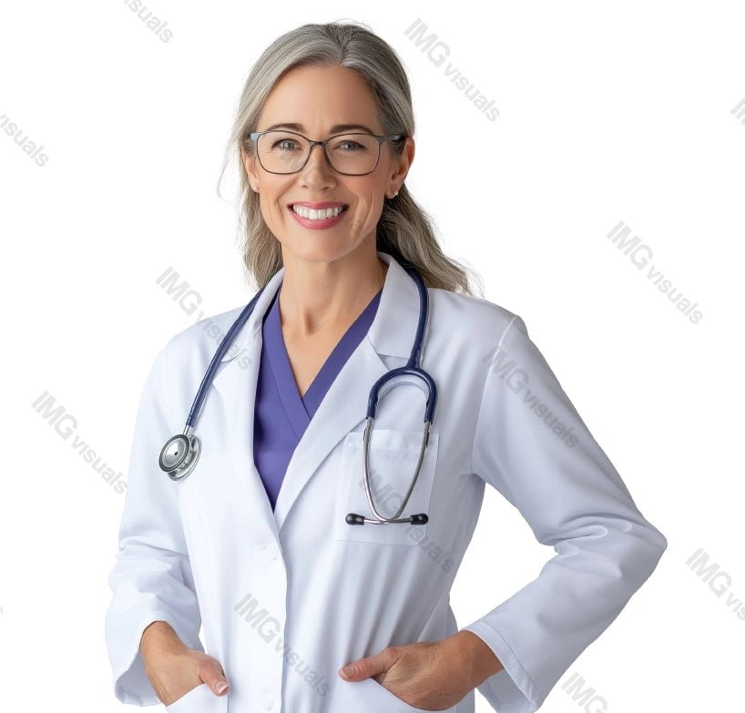 Confident mature female doctor with gray hair and glasses image isolated transparent, ai generated. Stethoscope specialist woman smiling cut out photo png. Healthcare provider cutout photography