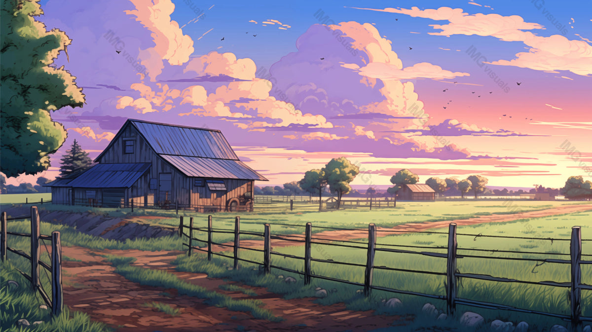 Country farm with lush fields and pastel clouds sky ai generated 2D cartoon illustration. Pastoral morning lofi wallpaper background lo-fi art. Peaceful countryside flat image cozy chill vibe