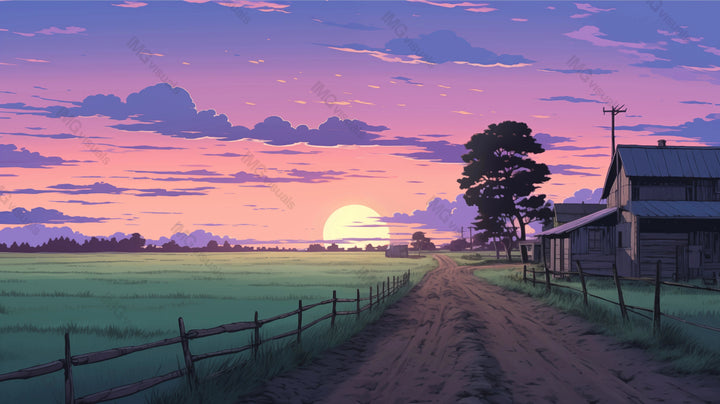 Countryside path leading to farmhouse sunrise ai generated 2D cartoon illustration. Rural morning lofi wallpaper background lo-fi art. Serenity pastoral. Peaceful farm flat image cozy chill vibe