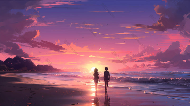 Couple walking hand in hand on beach sunset ai generated 2D cartoon illustration. Seaside romance lofi wallpaper background lo-fi art. Girlfriend boyfriend together flat image cozy chill vibe