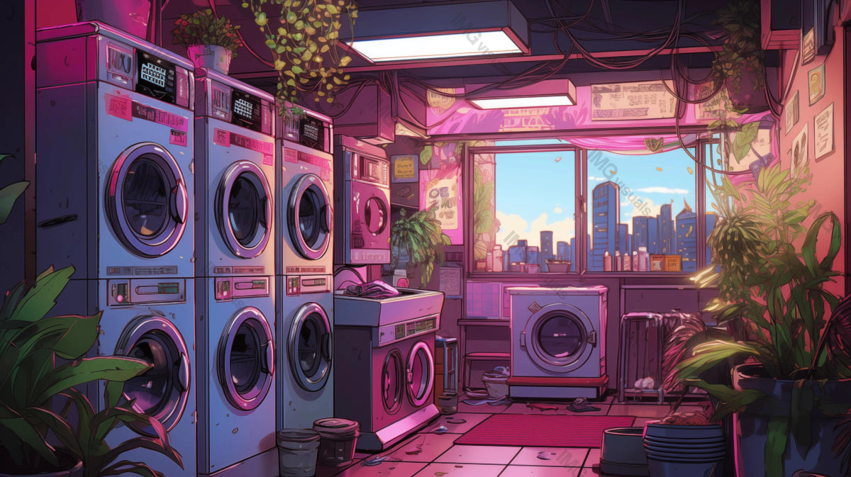 Cozy pink laundromat with greenery ai generated 2D cartoon illustration. Indoor plants, serene laundry lofi wallpaper background lo-fi art. Domesticity with dreamy urban vista flat image chill vibe