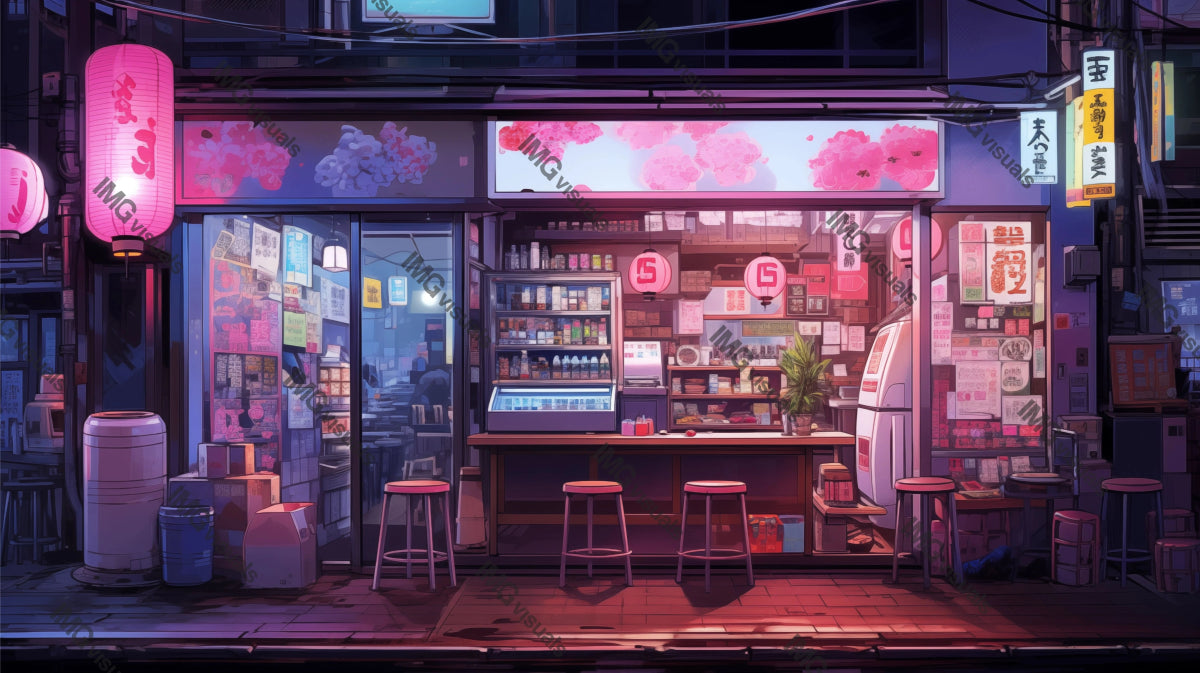 Cozy street food stand at dusk with glowing lanterns ai generated 2D cartoon illustration. Asian urban dining lofi wallpaper background lo-fi art. Japanese night market flat image cozy chill vibe