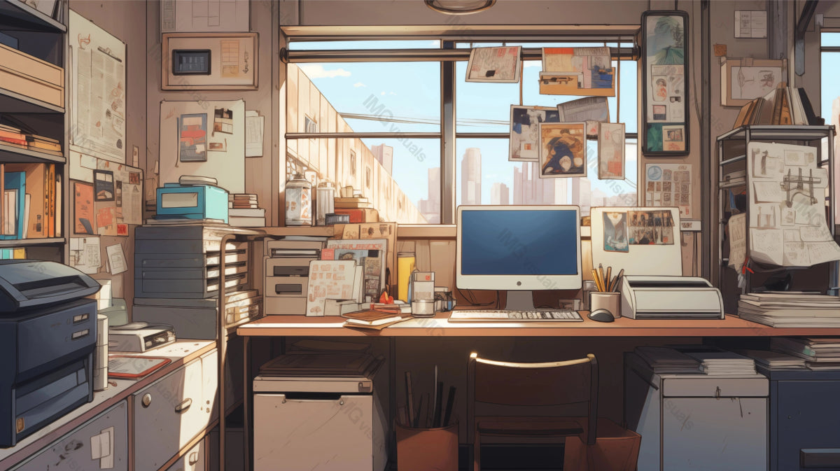 Cozy sunlit artist workspace with inspirational sketches ai generated 2D cartoon illustration. Workroom window lofi wallpaper background lo-fi art. Creative clutter flat image chill vibe