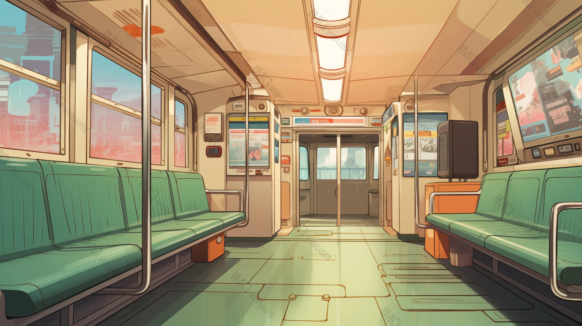 Cozy train interior with morning sunlight ai generated 2D cartoon illustration. Sunny commute lofi wallpaper background lo-fi art. Vacant carriage. Peaceful transport flat image cozy chill vibe