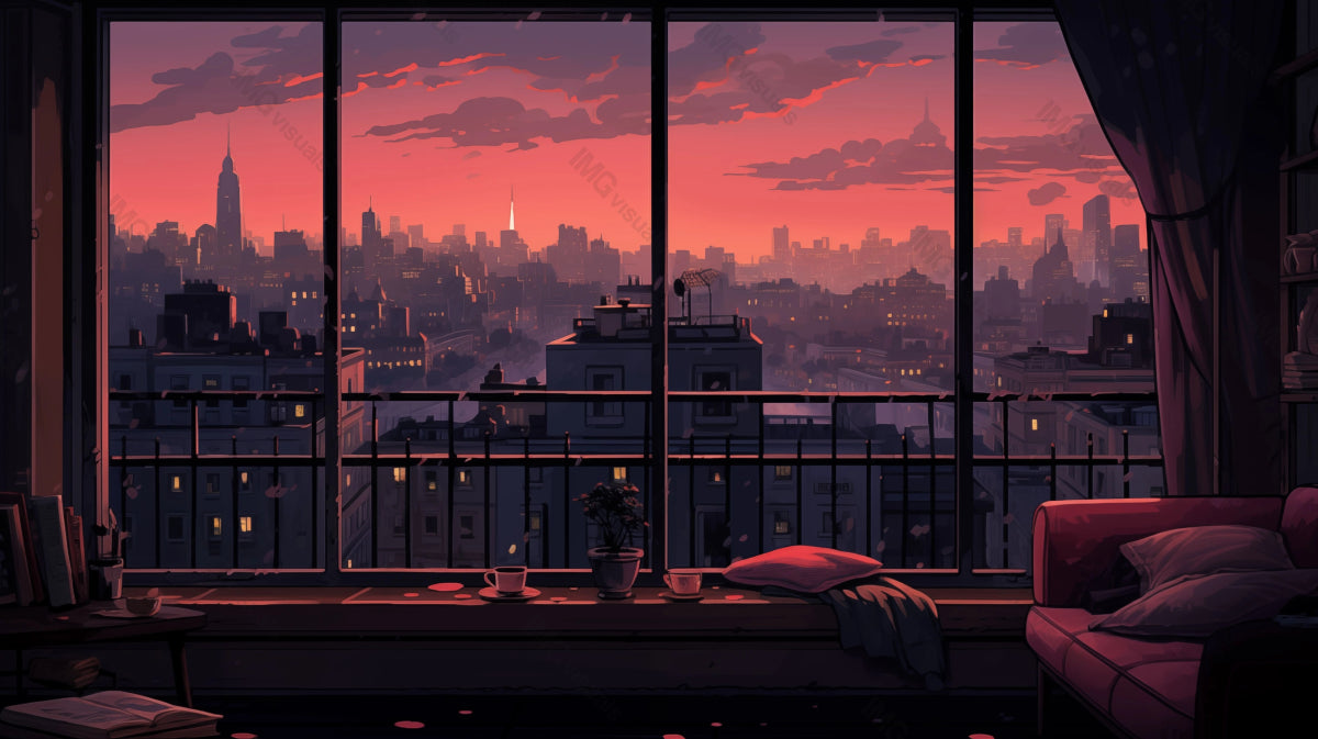 Cozy urban bedroom opens to twilight cityscape ai generated 2D cartoon illustration. Glowing sunset over skyline city lofi wallpaper background lo-fi art. Evening town flat image cozy chill vibe
