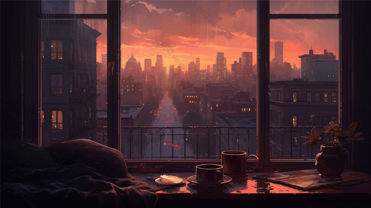 Cup of coffee on windowsill with sunset city view ai generated 2D cartoon illustration. Tranquil evening cityscape lofi wallpaper background lo-fi art. Dusk calm flat image cozy chill vibe
