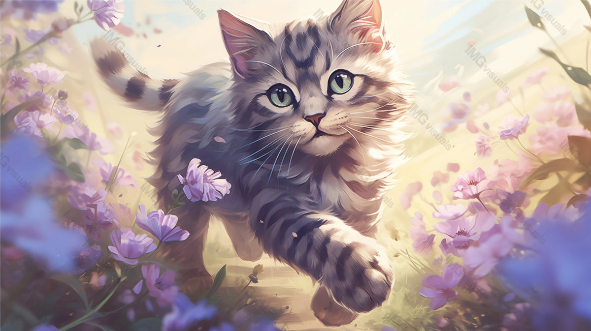 Curious kitten strides through flower meadow ai generated 2D cartoon illustration. Adventurous cat lofi wallpaper background lo-fi art. Kitty eyes gleaming with wonder flat image cozy chill vibe
