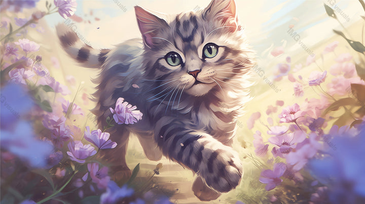 Curious kitten strides through flower meadow ai generated 2D cartoon illustration. Adventurous cat lofi wallpaper background lo-fi art. Kitty eyes gleaming with wonder flat image cozy chill vibe