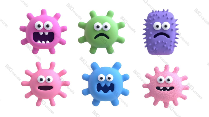 Cute and spooky virus characters transparent image set, ai generated. Funny pathogens emotional isolated cutouts 3d render. Microbiology, virology cut outs cliparts design elements png collection