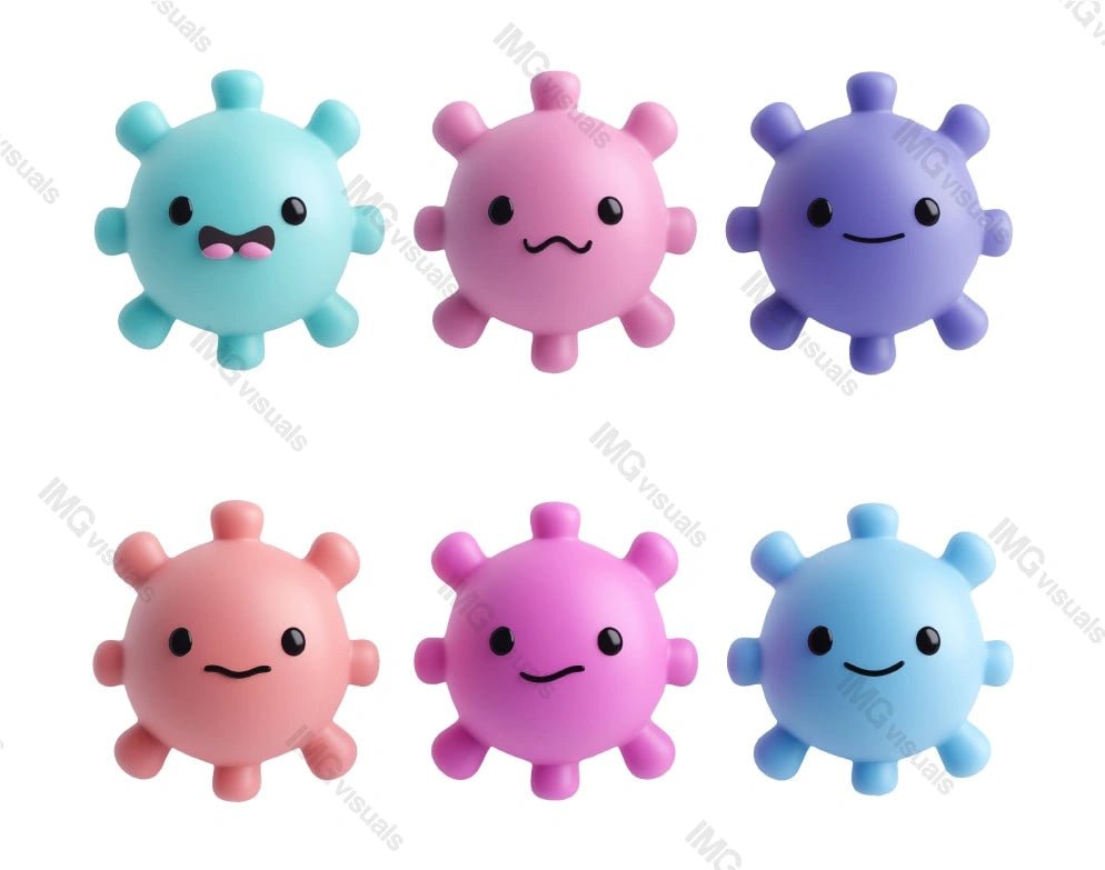 Cute kawaii cartoon viruses characters transparent image set, ai generated. Adorable microbes isolated cutouts 3d render. Microbiology, virology cut outs cliparts design elements png collection