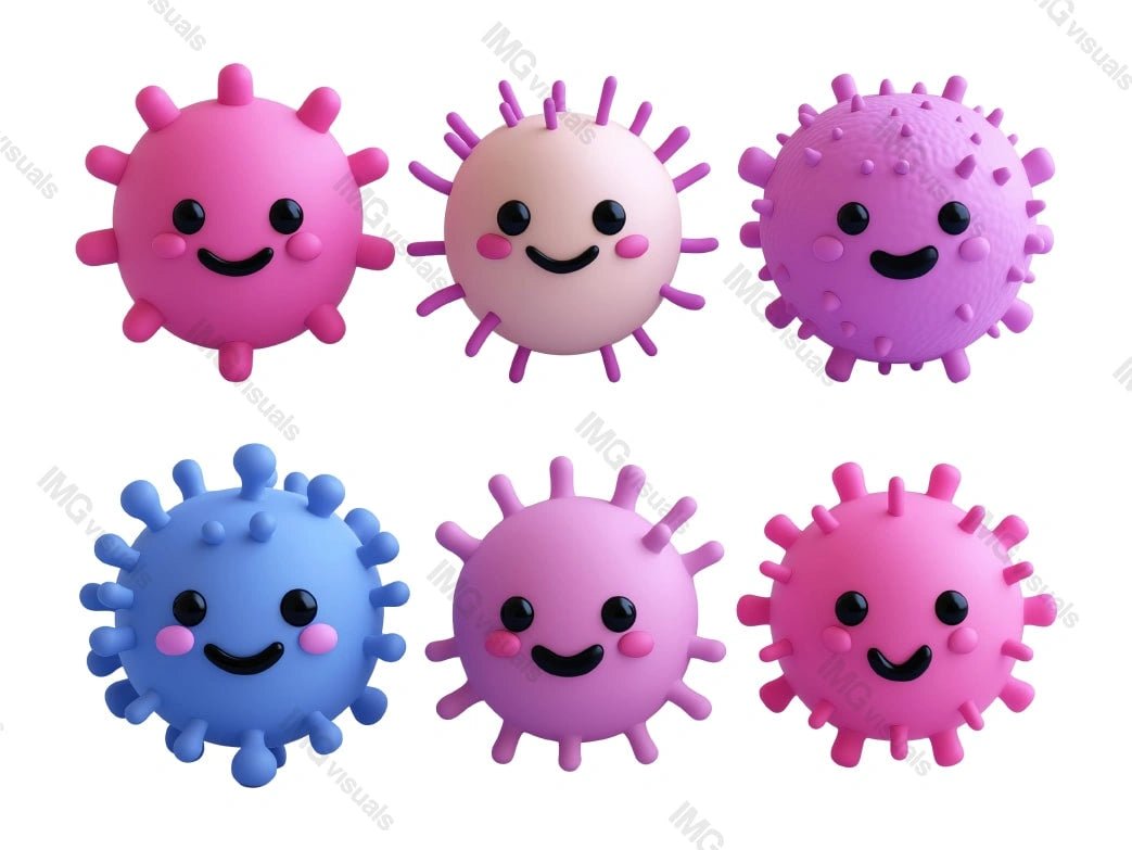 Cute smiling viruses characters transparent image set, ai generated. Microscopic organisms isolated cutouts 3d render. Friendly playful bacterias cut outs cliparts design elements png collection