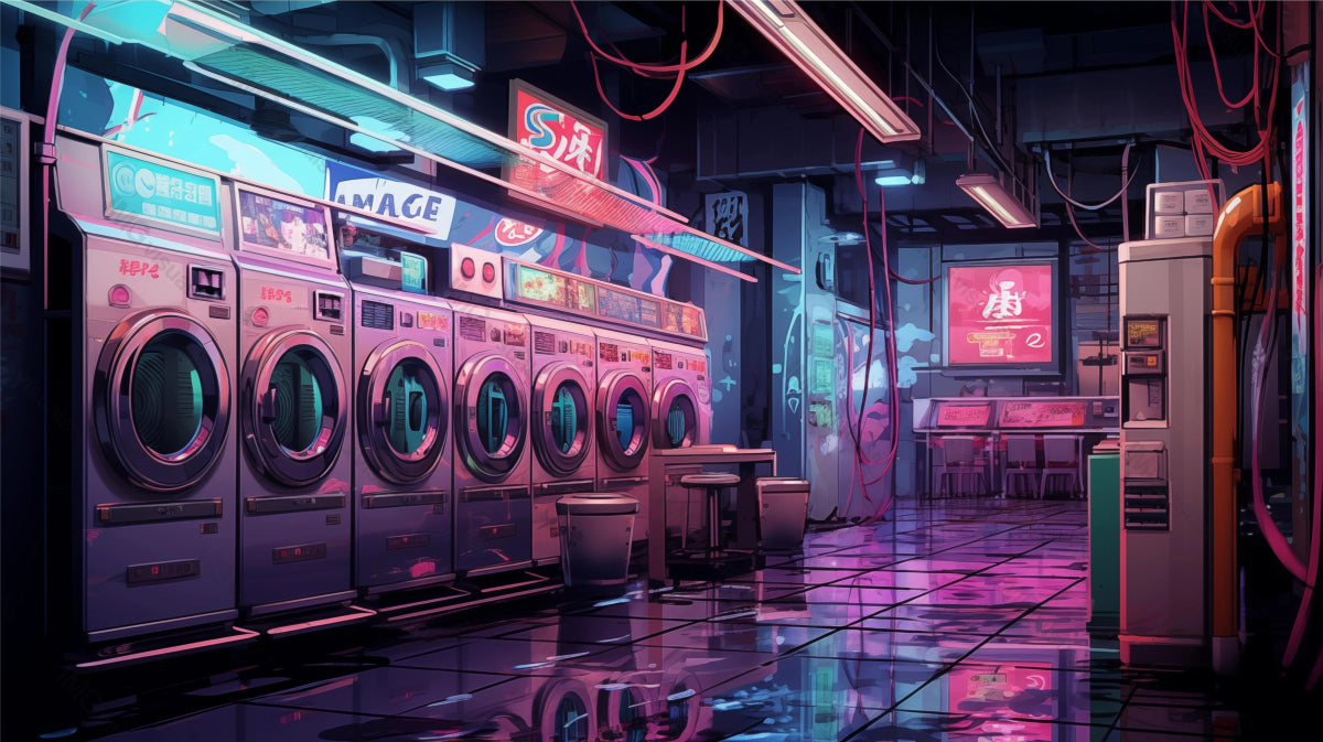 Cyberpunk laundromat in neon hues of city ai generated 2D cartoon illustration. Downtown washing machines lofi wallpaper background lo-fi art. Urban high-tech ambiance flat image cozy chill vibe