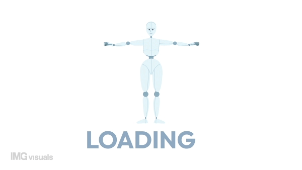 Animated dancing human robot loader. Flash message 4K video footage. Color isolated loading wait-animation progress indicator with alpha channel transparency for web design, social media
