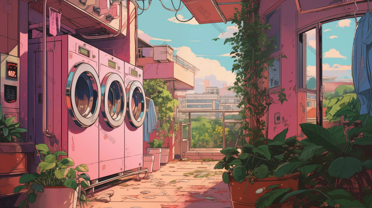 Daylight pink laundromat with urban greenery ai generated 2D cartoon illustration. City life harmony lofi wallpaper background lo-fi art. Peaceful laundrette. Serene washday flat image cozy chill vibe