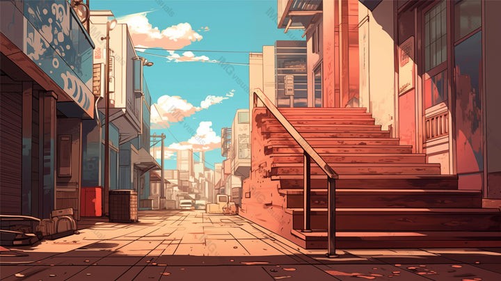 Deserted alleyway bathed in sunlight ai generated 2D cartoon illustration. Shadows casting over staircase and buildings lofi wallpaper background lo-fi art. Urban silence flat image cozy chill vibe