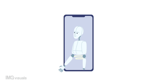 Animated digital assistant software. Mobile phone application with AI service. 2D cartoon flat device screen 4K video footage on white with alpha channel transparency. Concept animation for web design