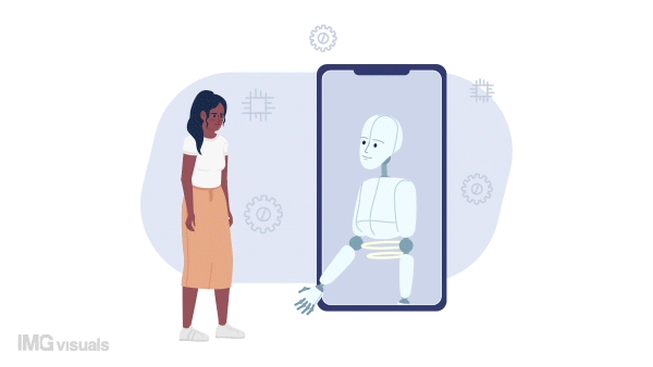 Animated AI assistant on phone. Perform daily tasks. Communicating with chatbot. 2D cartoon flat character 4K video footage on white with alpha channel transparency. Concept animation for web design