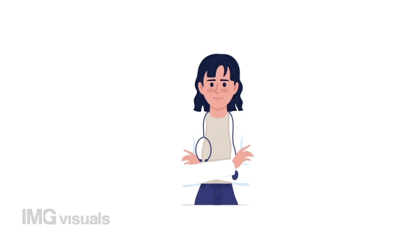 Animated female doctor character. Warning medic. Make diagnosis. Full body flat person on grey background with alpha channel transparency. Colorful cartoon style HD video footage for animation