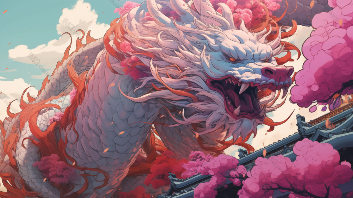 Dragon above oriental structures with pink cherry blossoms ai generated 2D cartoon illustration. Asian fantasy lofi wallpaper background lo-fi art. Mythical serenity flat image cozy chill vibe