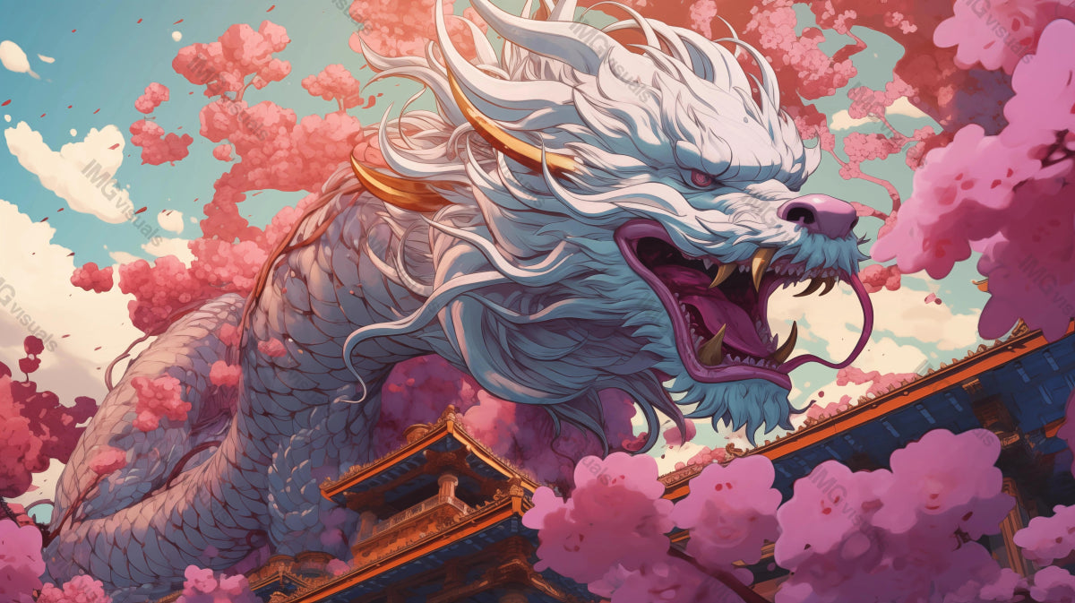 Dragon roaring amidst cherry blossoms ai generated 2D cartoon illustration. Mythical creature above traditional pagoda rooftops lofi wallpaper background lo-fi art. Majestic beast flat image