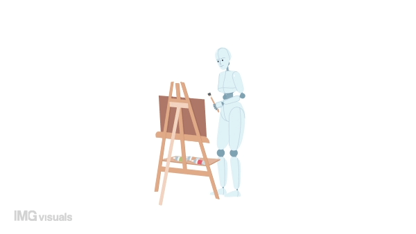 Animated AI artist painting on easel. Artificial intelligence generated content. Flat character animation white background with alpha channel transparency. Color cartoon style 4K video footage