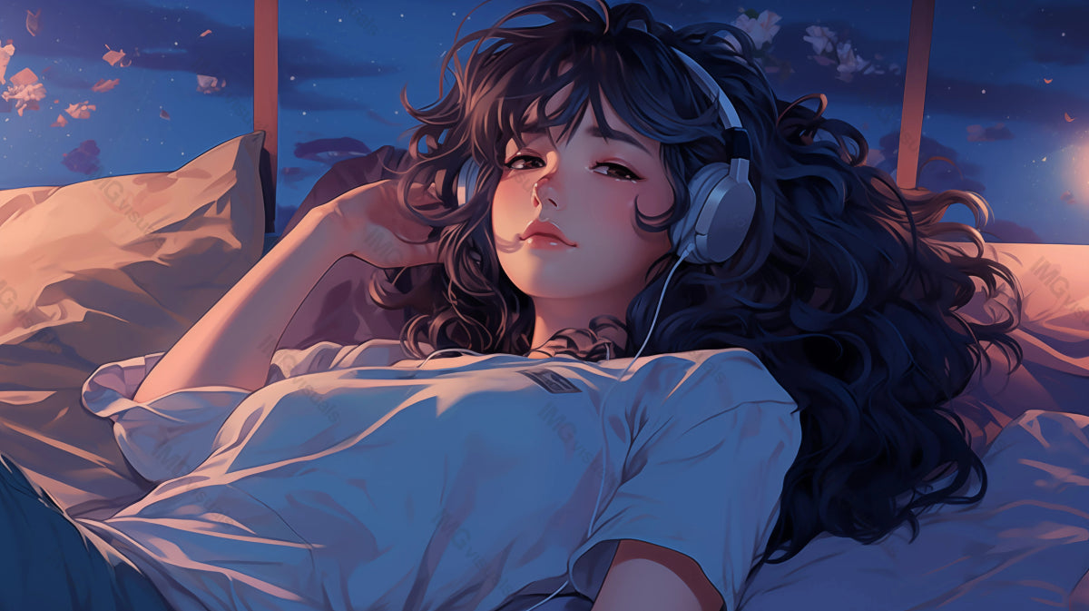 Dreamy anime girl lies in bed, headphones on ai generated 2D cartoon illustration. Starlit sky window bedroom lofi wallpaper background lo-fi art. Cozy bedtime, nighttime music flat image chill vibe