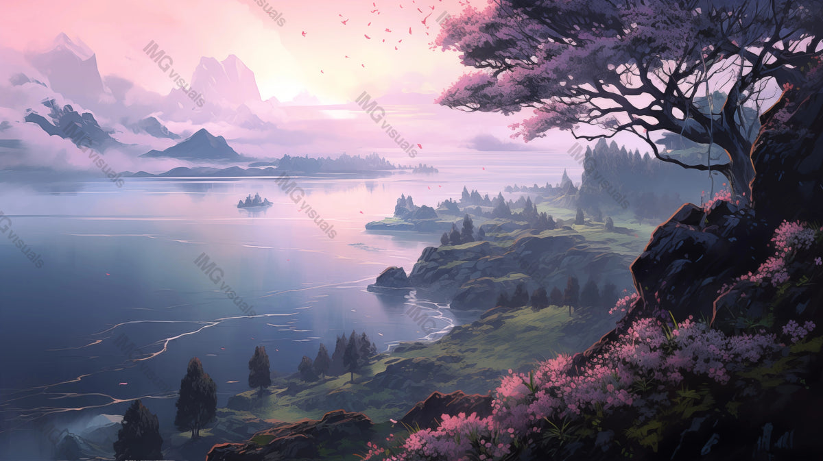 Dreamy lake with cherry blossoms ai generated 2D cartoon illustration. Mountains in hazy sunrise lofi wallpaper background lo-fi art. Flowering tree, mountainous backdrop. Serene waterscape flat image
