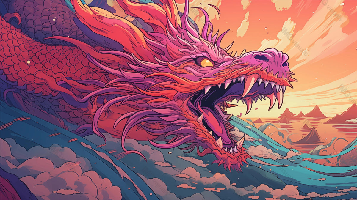 Dynamic red dragon flying over blue sea waves ai generated 2D cartoon illustration. Chinese fantasy lofi wallpaper background lo-fi art. Mythical beast against orange sunset backdrop flat image