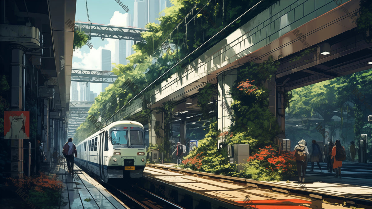 Eco-friendly urban train station bathed in sunlight ai generated 2D cartoon illustration. Public commute lofi wallpaper background lo-fi art. Greenery adorned platform flat image cozy chill vibe