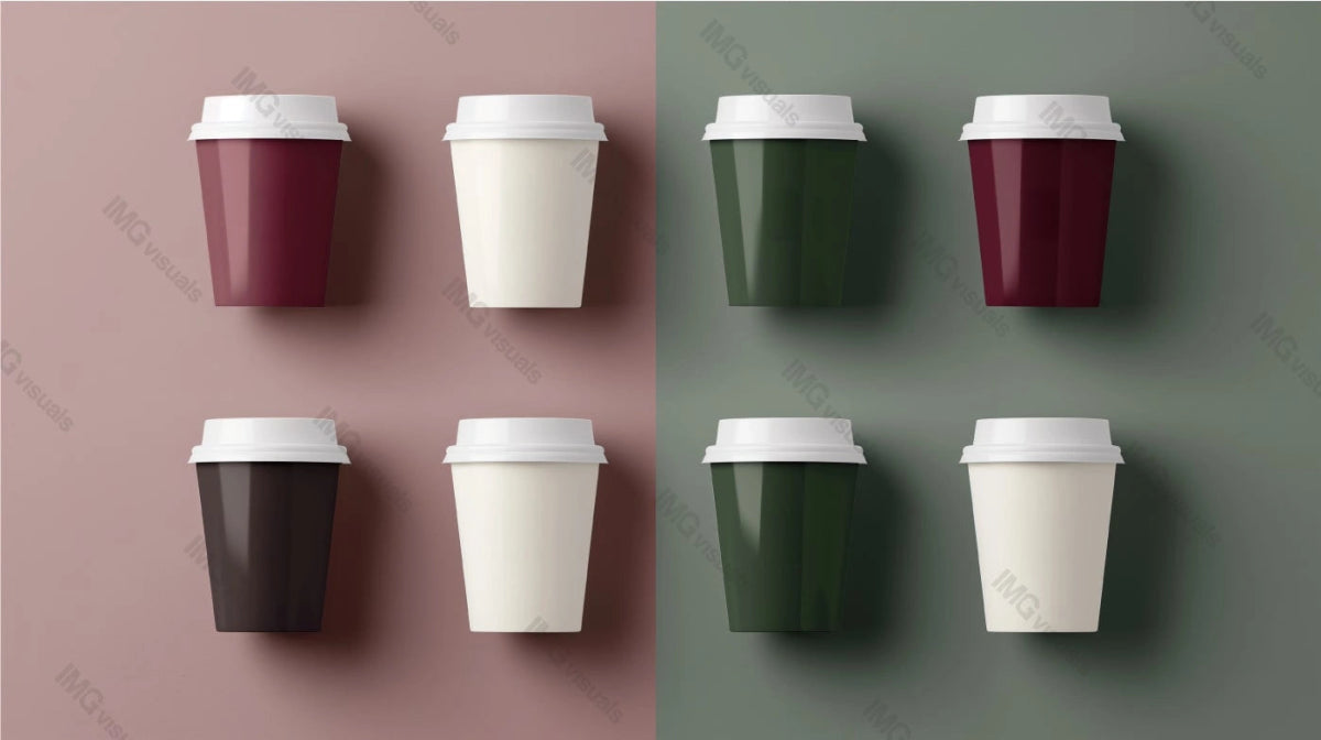 Eight coffee cups mockup with white lids against muted pink and green, ai generated. Sleek design coffeecups template advertising image. Coffeeshop takeaway beverages mock up products photorealistic
