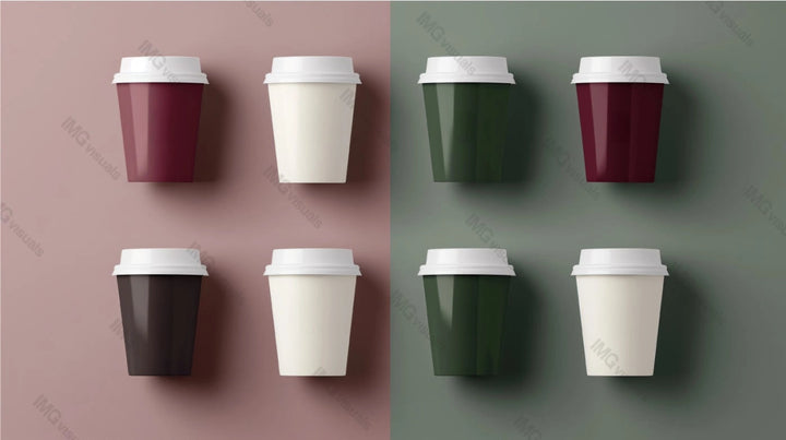 Eight coffee cups mockup with white lids against muted pink and green, ai generated. Sleek design coffeecups template advertising image. Coffeeshop takeaway beverages mock up products photorealistic