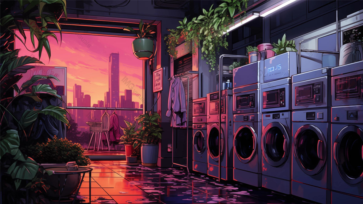 Empty laundromat with view of vibrant city skyline ai generated 2D cartoon illustration. Evening quiet laundry room lofi wallpaper background lo-fi art. Urban dusk flat image cozy chill vibe