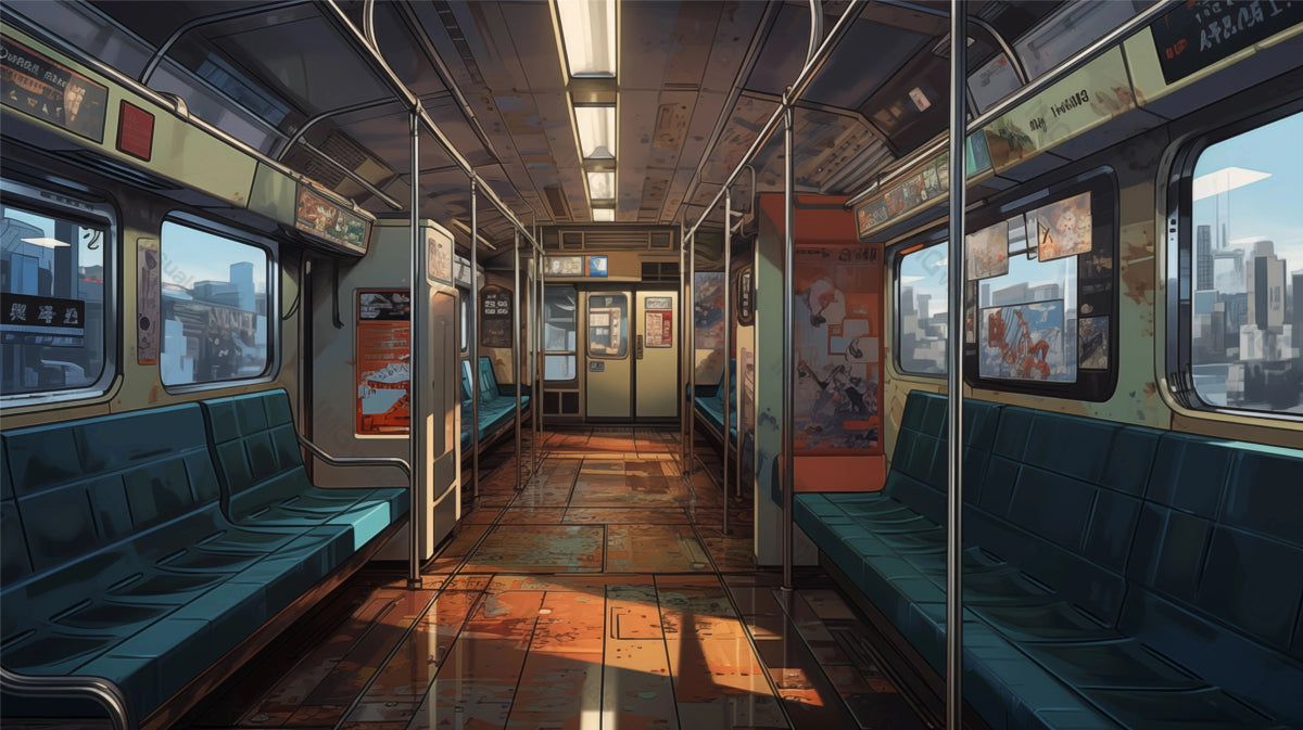 Empty metro car with city views through windows ai generated 2D cartoon illustration. Morning ride. Urban solitude lofi wallpaper background lo-fi art. Peaceful commute flat image cozy chill vibe