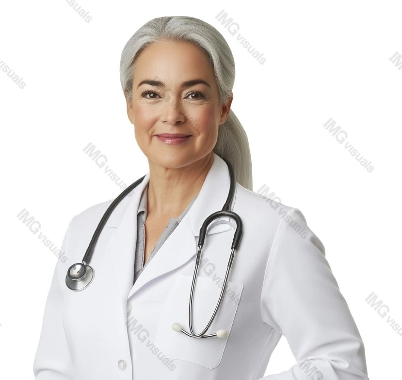 Experienced senior female doctor image isolated transparent, ai generated. Mature woman physician with silver hair, white coat and stethoscope cut out photo png. Healthcare provider cutout photography