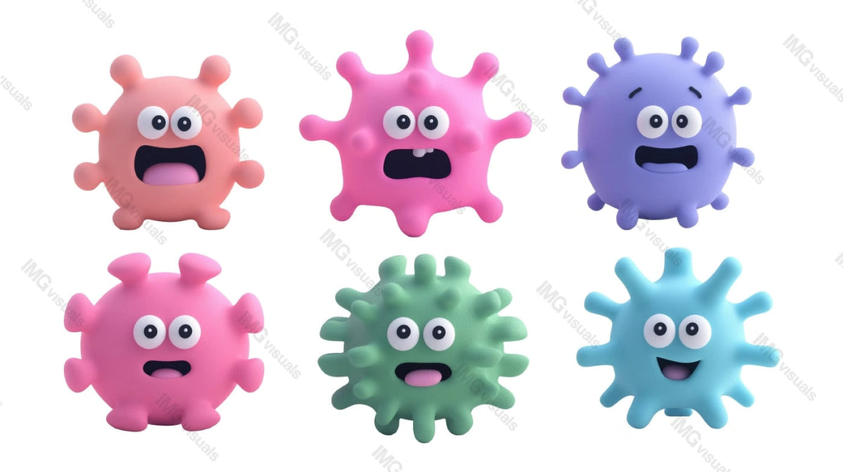 Expressive funny viruses characters transparent image set, ai generated. Emotional microbes isolated cutouts 3d render. Microbiology, virology cut outs cliparts design elements png collection