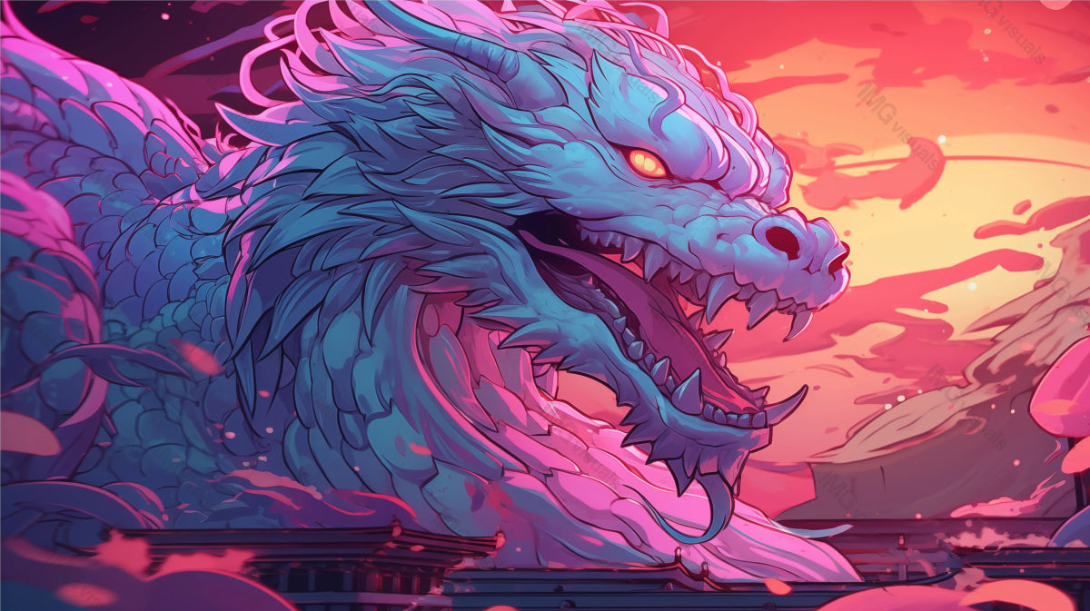 Fierce dragon over traditional asian architecture ai generated 2D cartoon illustration. Mythical presence lofi wallpaper background lo-fi art. Vibrant sunset fantasy flat image cozy chill vibe