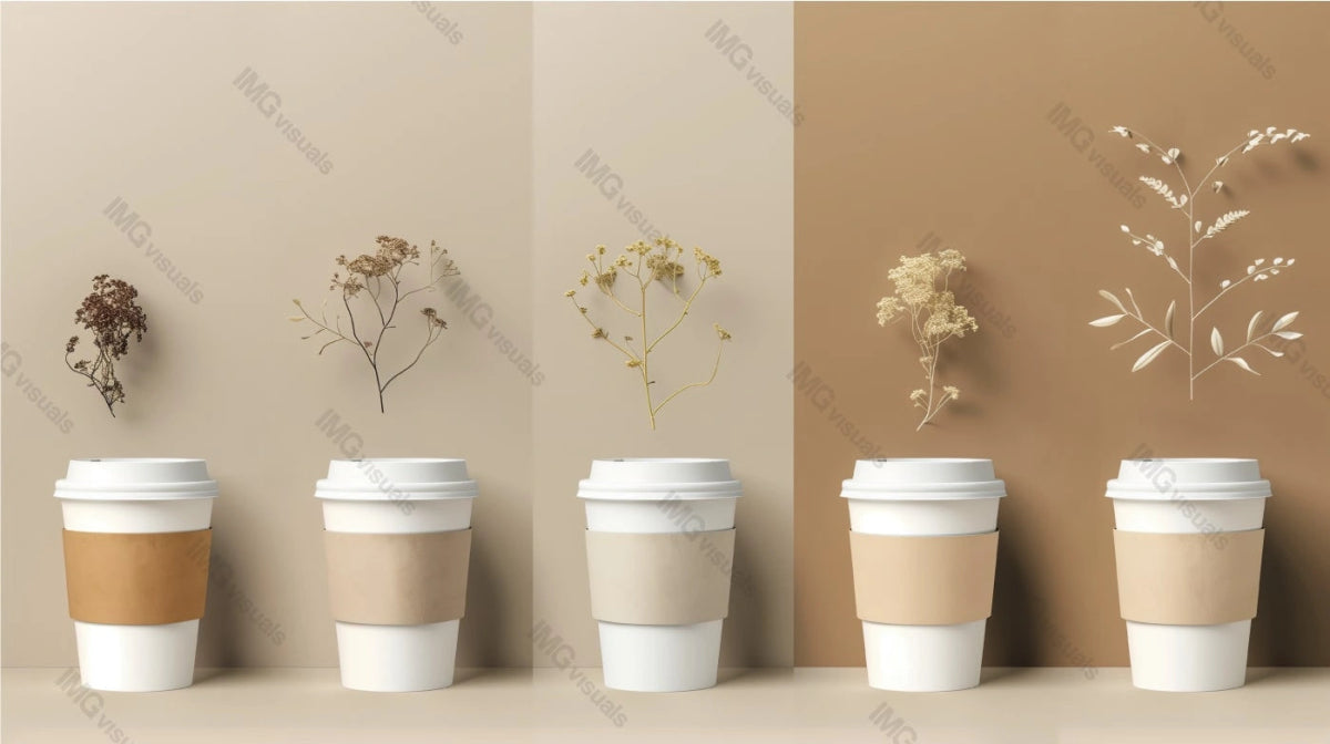 Five coffee cups mockup with cardboard sleeves and dried floral accents, ai generated. Coffeecups template advertising image. Minimalism, natural aesthetic. Takeaway beverages mock up photorealistic